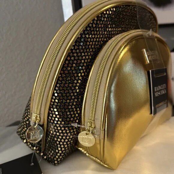 Elegant 2pc Badgley Mischka Gold & Sequin Cosmetic Bag Set Large & Medium - Picture 2 of 4